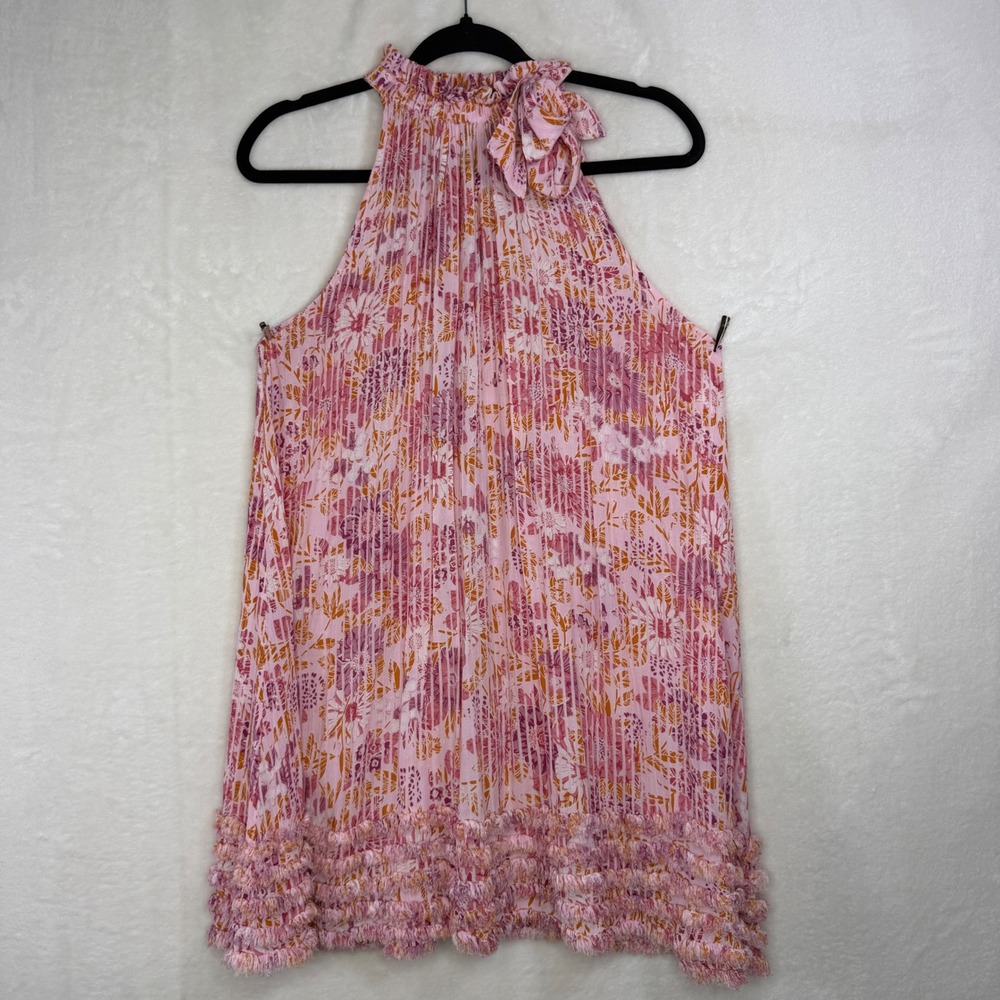Poupette St Barth Mini Dress Women M/L Pink Floral Pleated Halter Neck Bow Boho